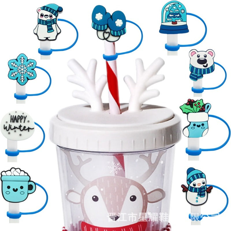 Wholesale 10pcs Cartoon Winter Snowman 8/10MM Milk Tea PVC Dustproof Straw Cover